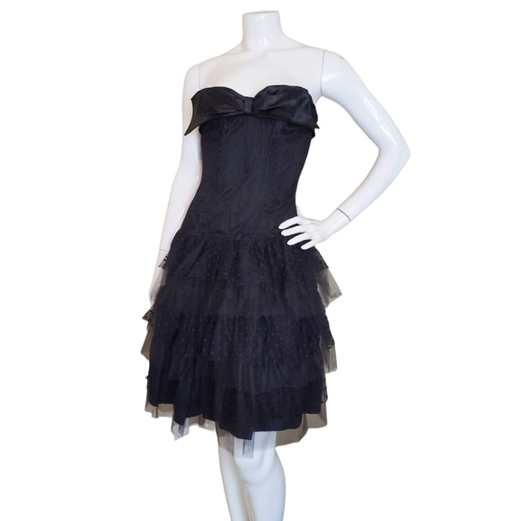 Vtg 80s Black Polka Dot Tulle Strapless Ruffle Tiered Mini Party Prom Dress - Picture 3 of 9